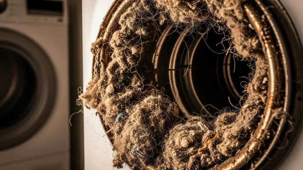 Clogged dryer vent with lint buildup, illustrating fire hazards and the importance of maintenance