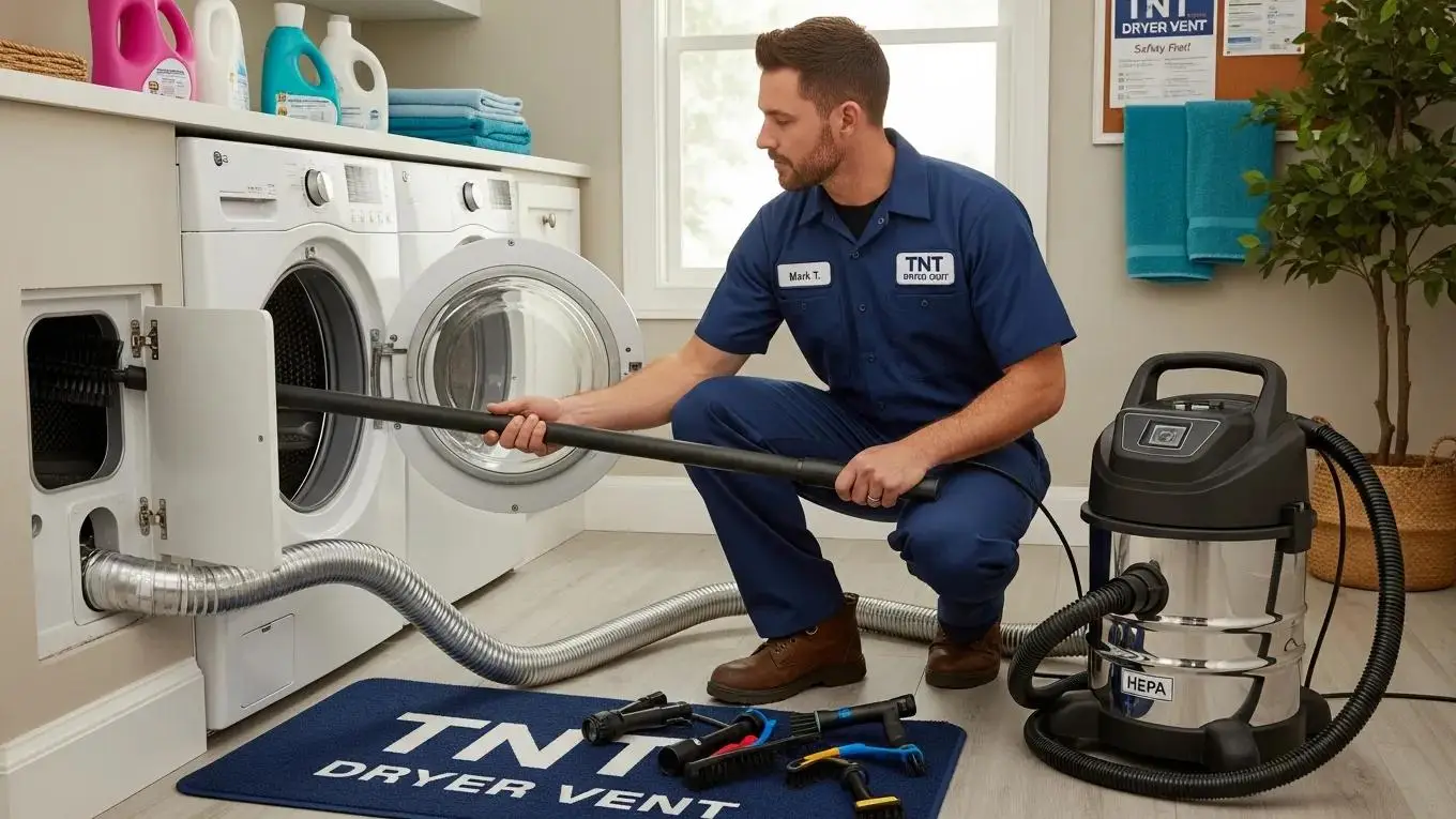 Professional technician cleaning a dryer vent, highlighting safety and efficiency in dryer maintenance