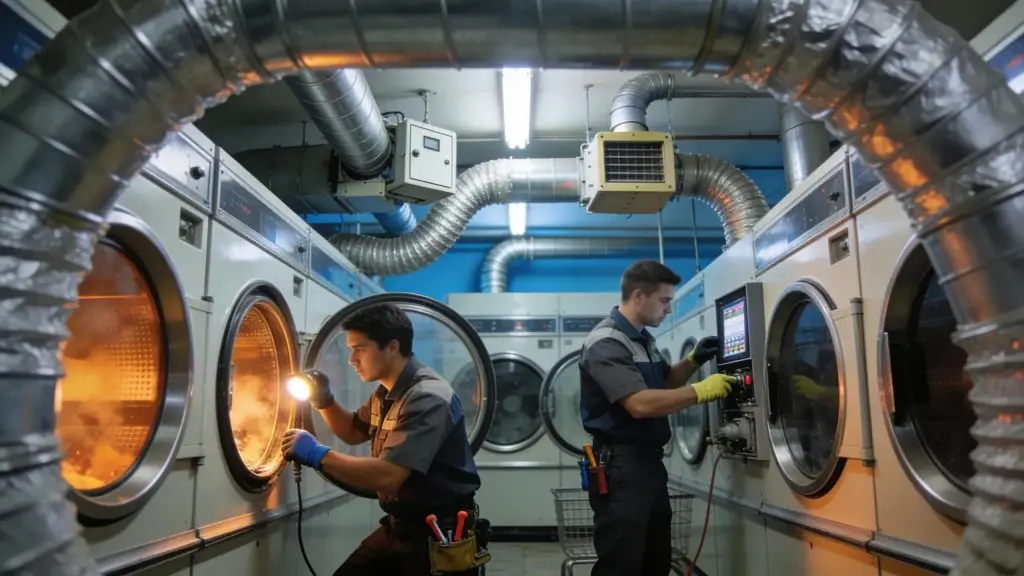 Commercial dryer vent setup with technicians performing maintenance in a bustling laundry facility