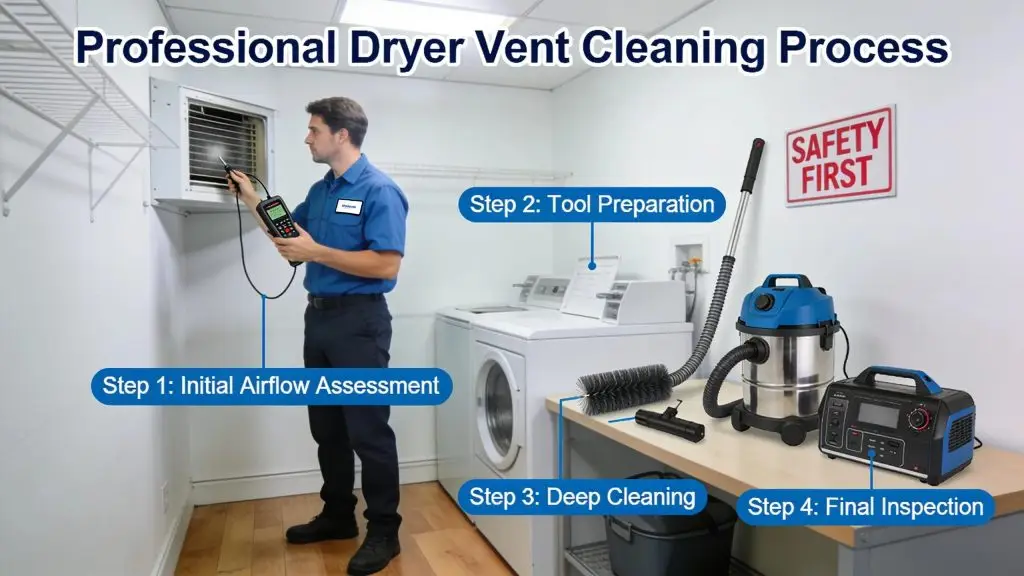 Technician conducting thorough dryer vent cleaning process in a home