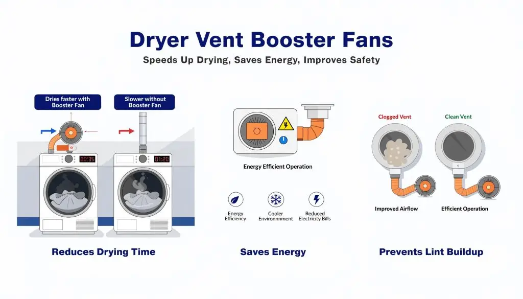 Benefits of dryer vent booster fans including enhanced airflow, energy efficiency, and lint buildup prevention