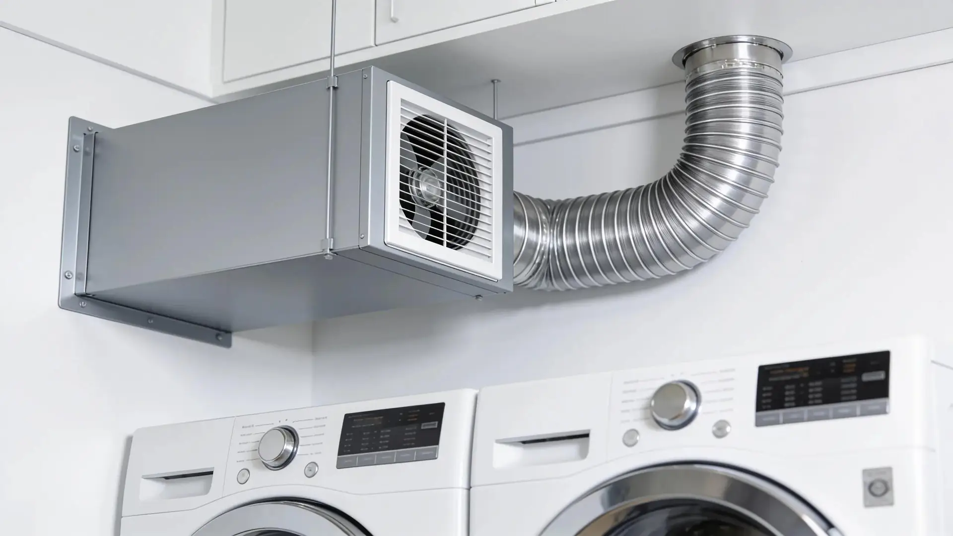 Modern laundry room with an installed dryer vent booster fan enhancing home safety and efficiency