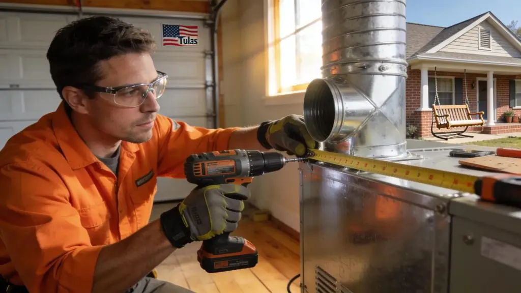 HVAC technician performing dryer vent booster fan installation with Tulsa's unique features in the background