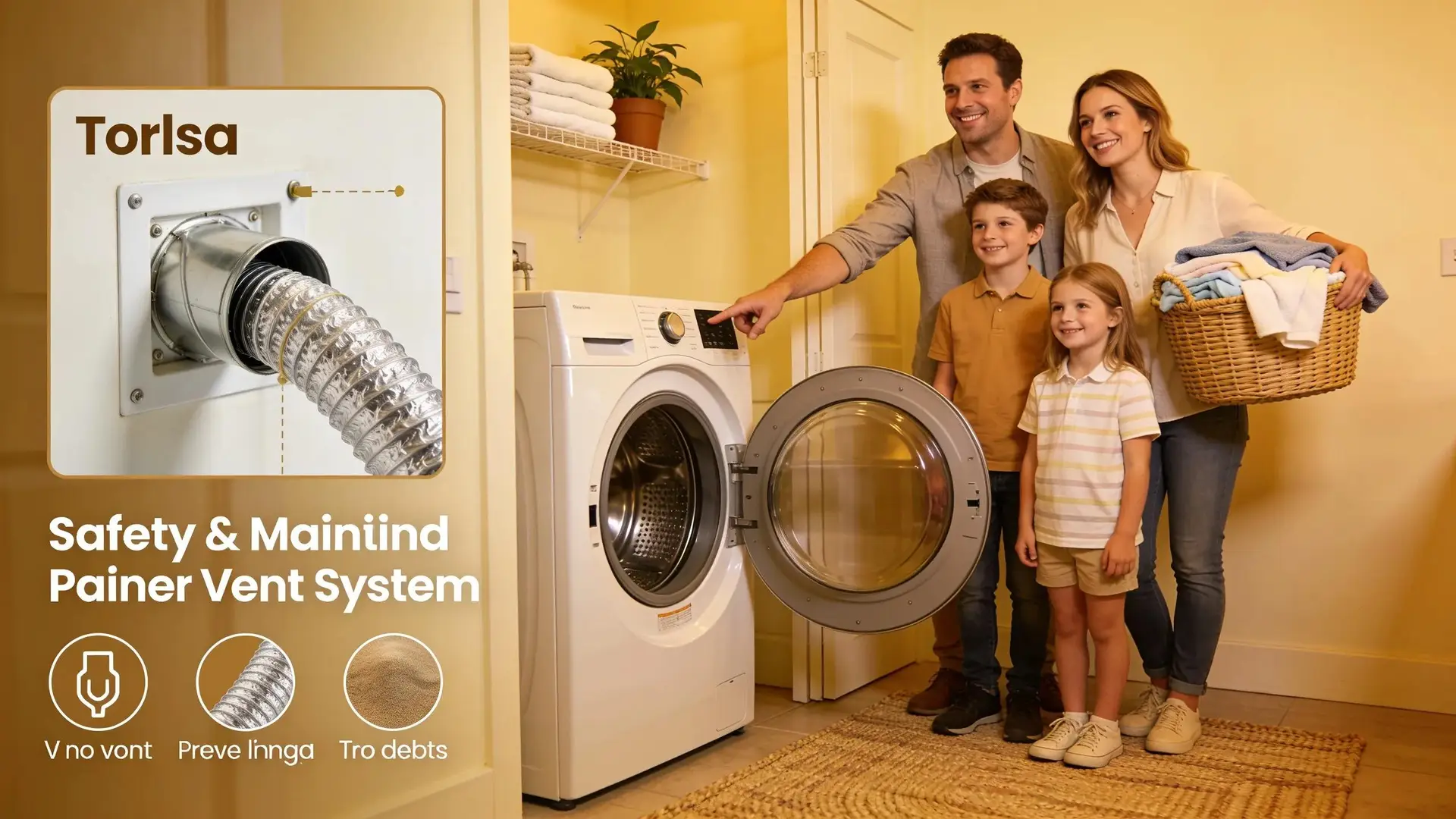 Dryer vent maintenance service in a family home, illustrating safety and efficiency